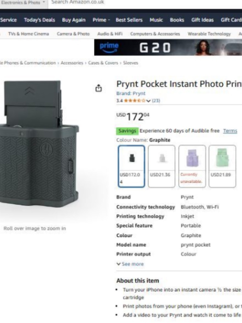 Prynt Pocket Instant Photo Printer in Graphite